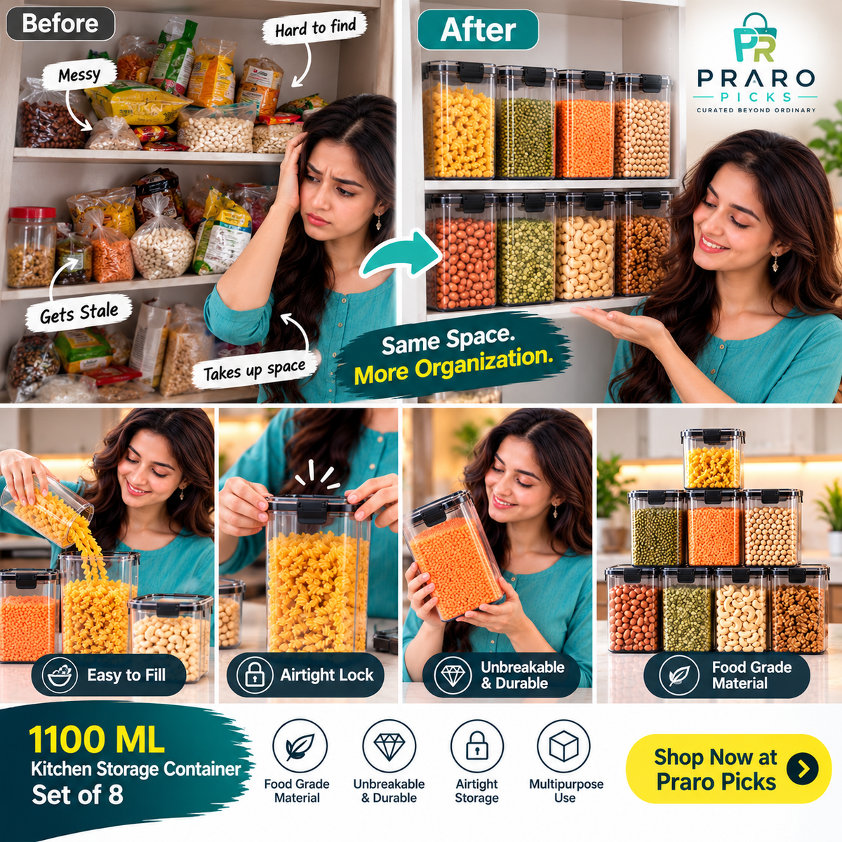 1100 ML Airtight Kitchen Storage Containers – Unbreakable Set of 8