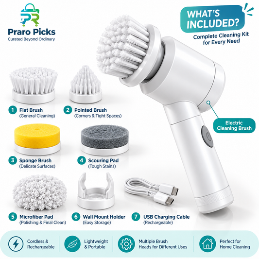 Electric rotary cleaning brush kit with brush heads and accessories - Praro Picks