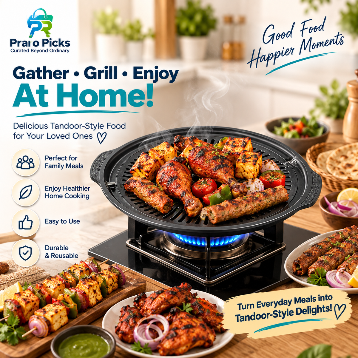 Indoor tandoor gas grill with grilled food for family meals at home