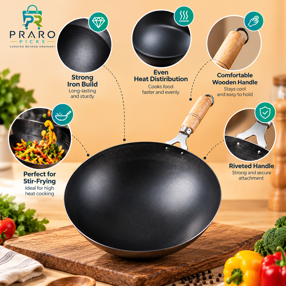 Iron Chinese Wok with Wooden Handle – Black Cooking Kadai