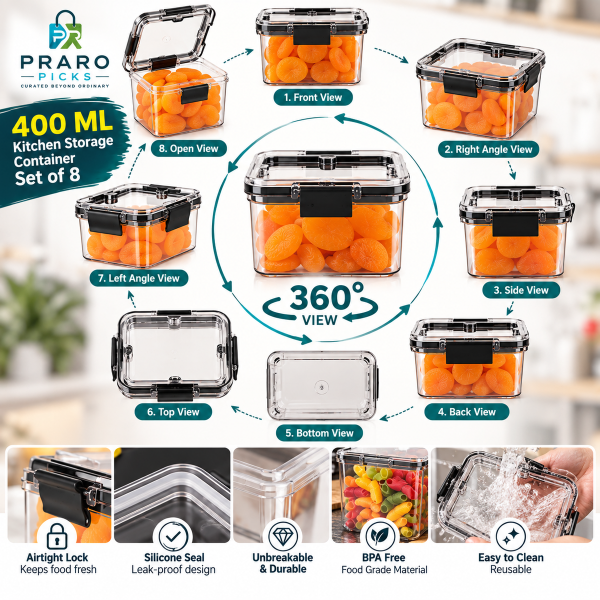400 ML Airtight Kitchen Storage Containers – Unbreakable Set of 8