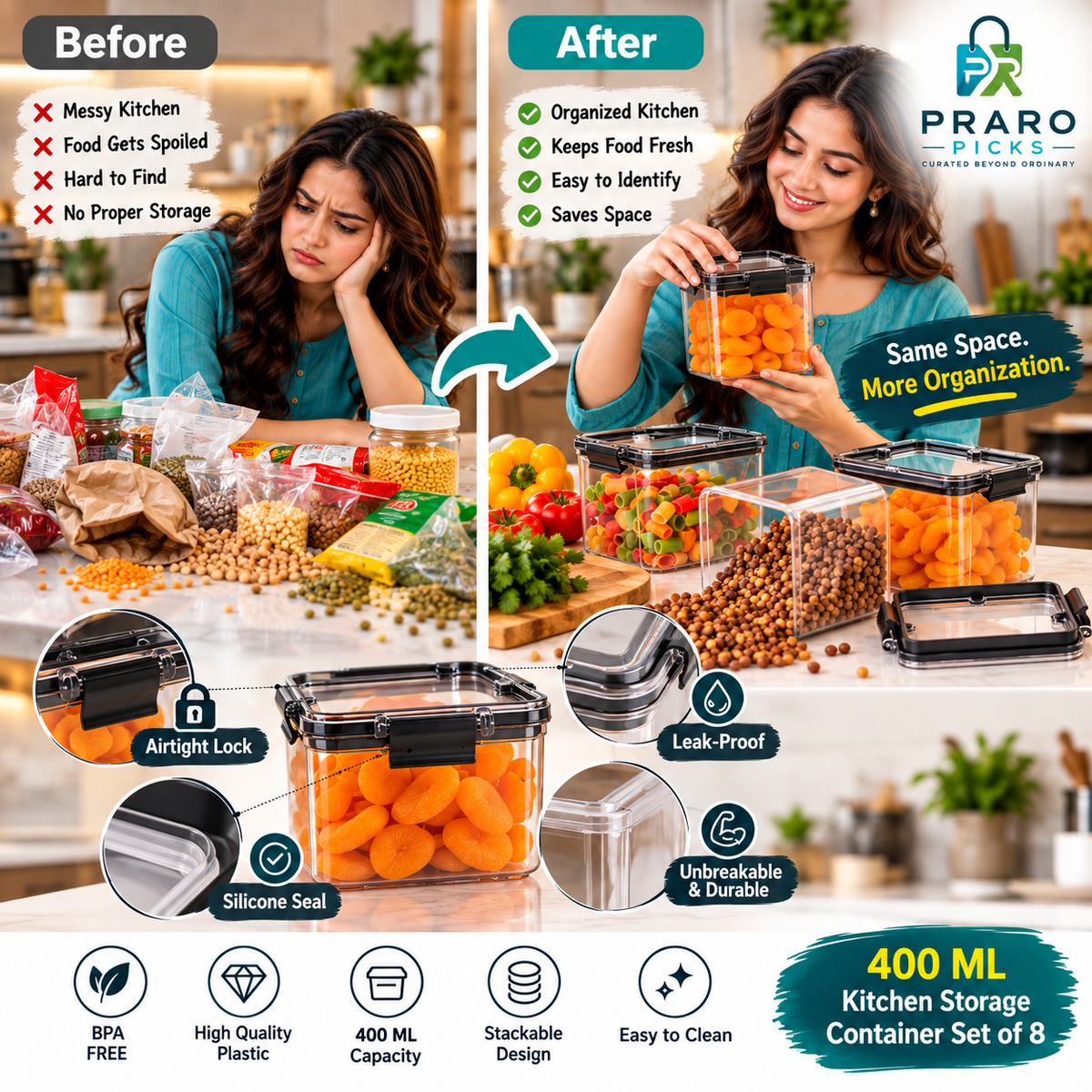 400 ML Airtight Kitchen Storage Containers – Unbreakable Set of 8
