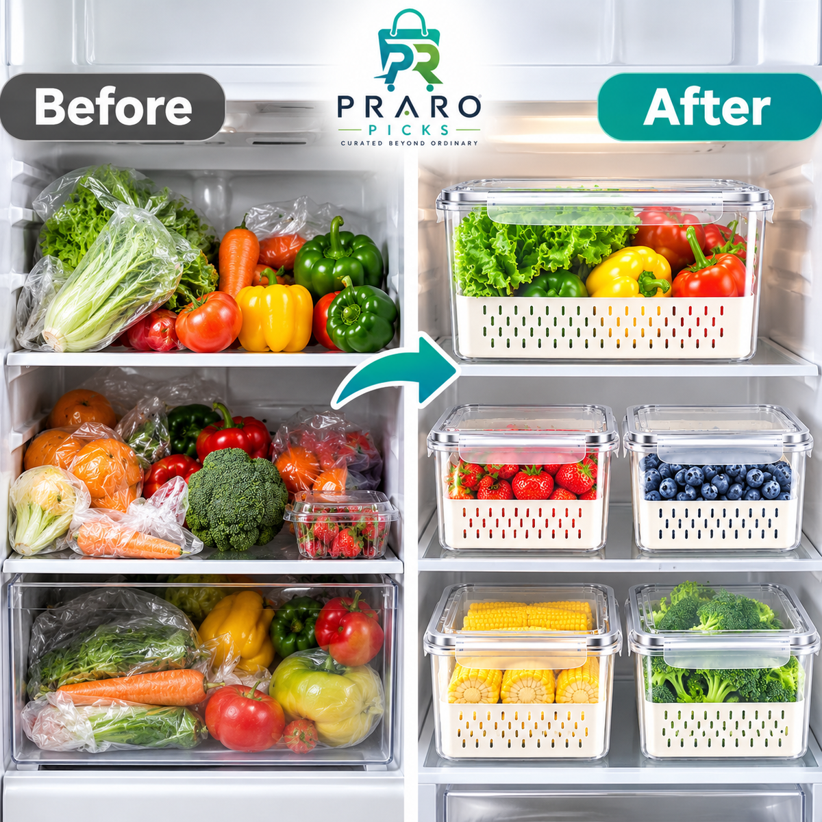 4-Piece Airtight Refrigerator Storage Containers – Fridge Organizers for Fruits & Vegetables