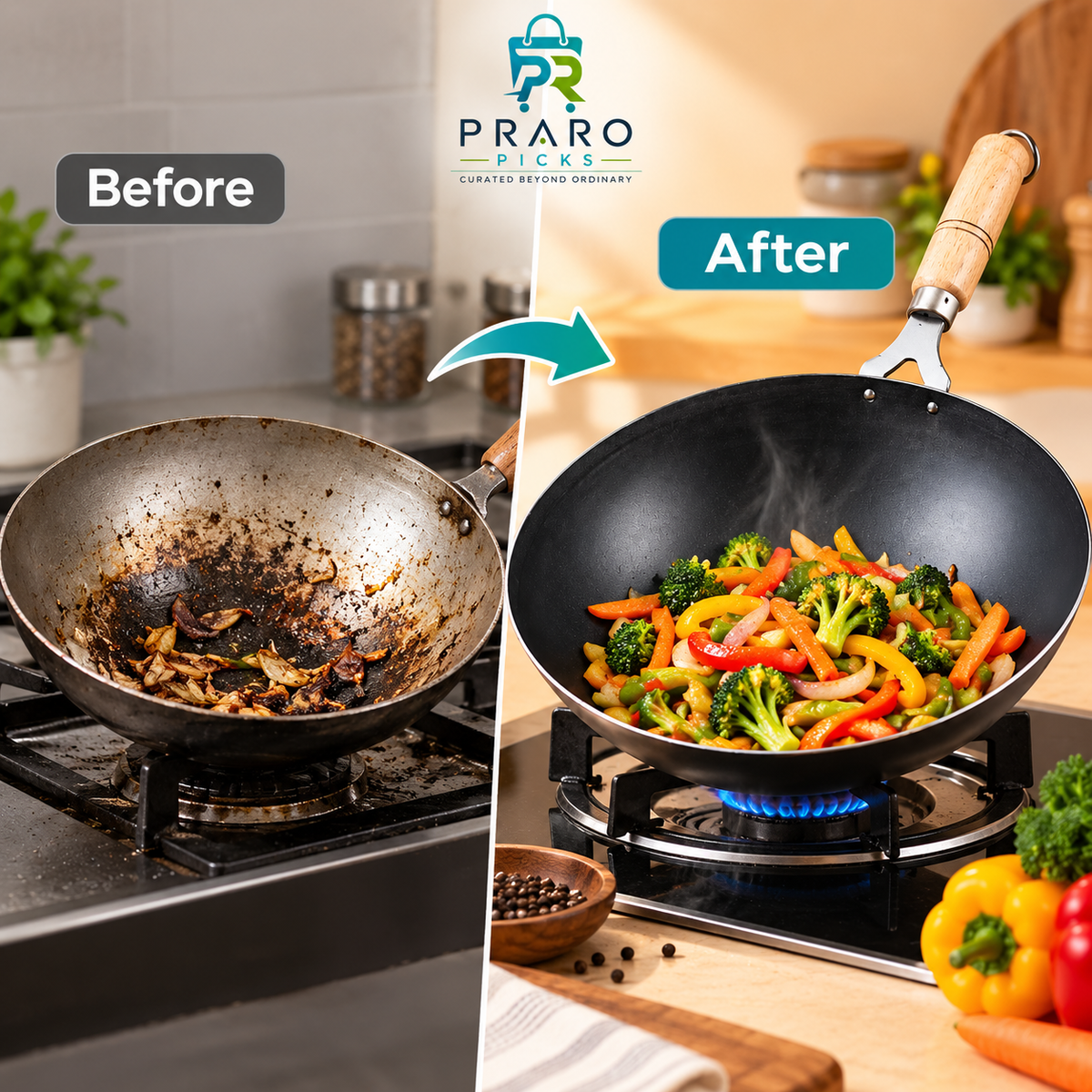 Iron Chinese Wok with Wooden Handle – Black Cooking Kadai