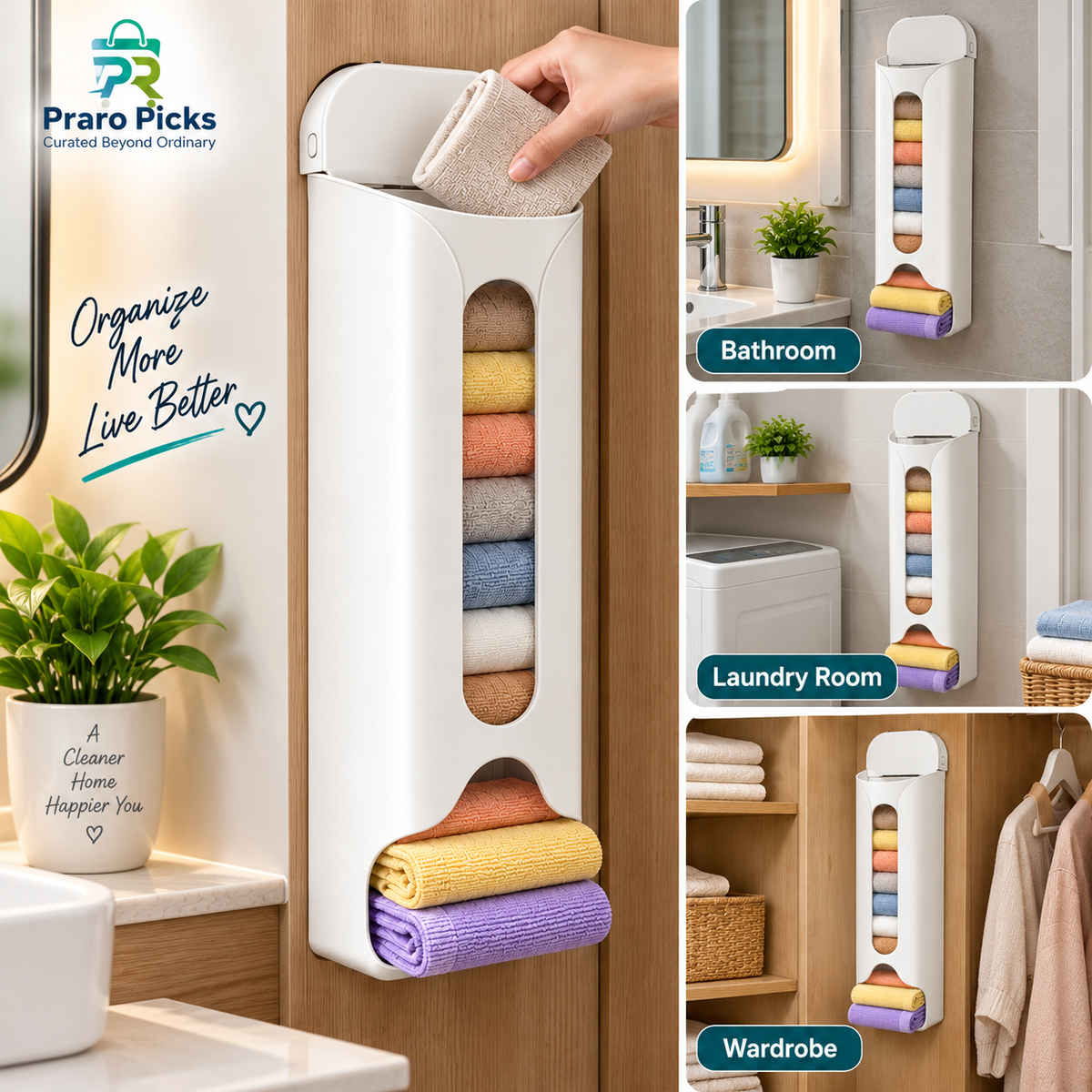 Wall-mounted towel organizer for bathroom, laundry room and wardrobe storage