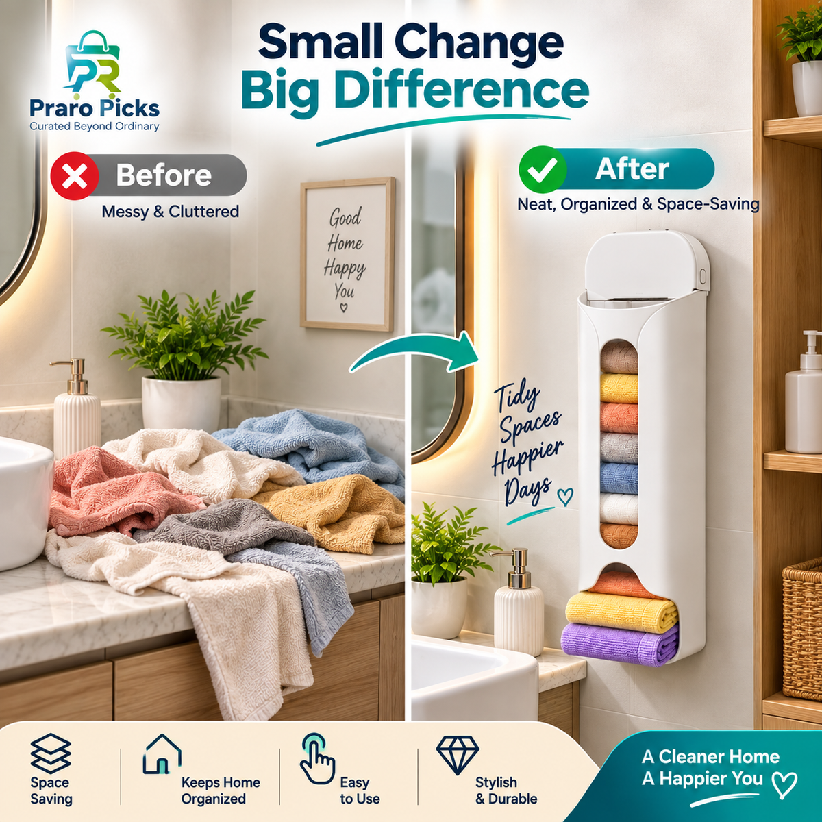 Before and after bathroom organization using a wall-mounted towel storage organizer