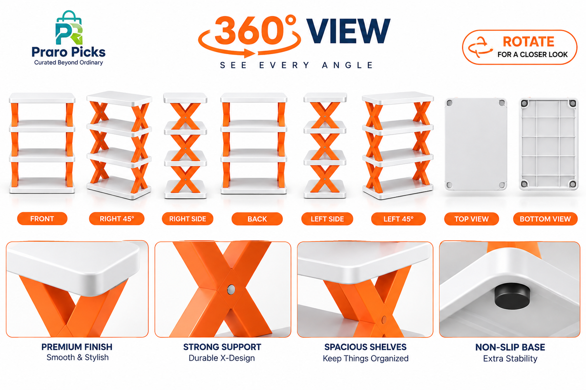 360 degree view of 4-tier foldable shoe rack showing front, side, back and product details