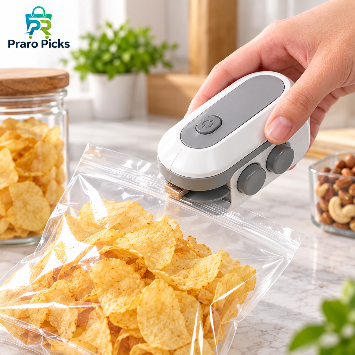 2-in-1 portable mini heat sealer sealing a plastic food storage bag with chips