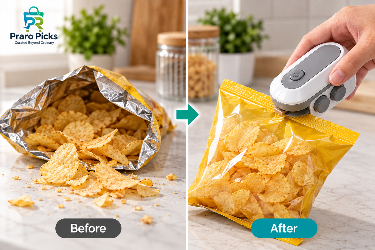 2-in-1 portable mini heat sealer sealing an opened chips bag – before and after