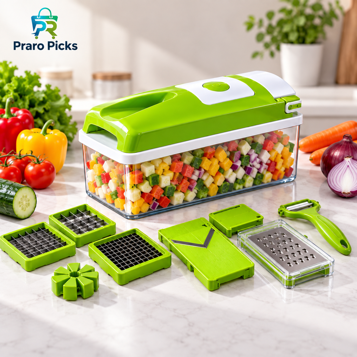 12-in-1 multifunctional vegetable chopper and slicer with interchangeable blades, container and diced vegetables