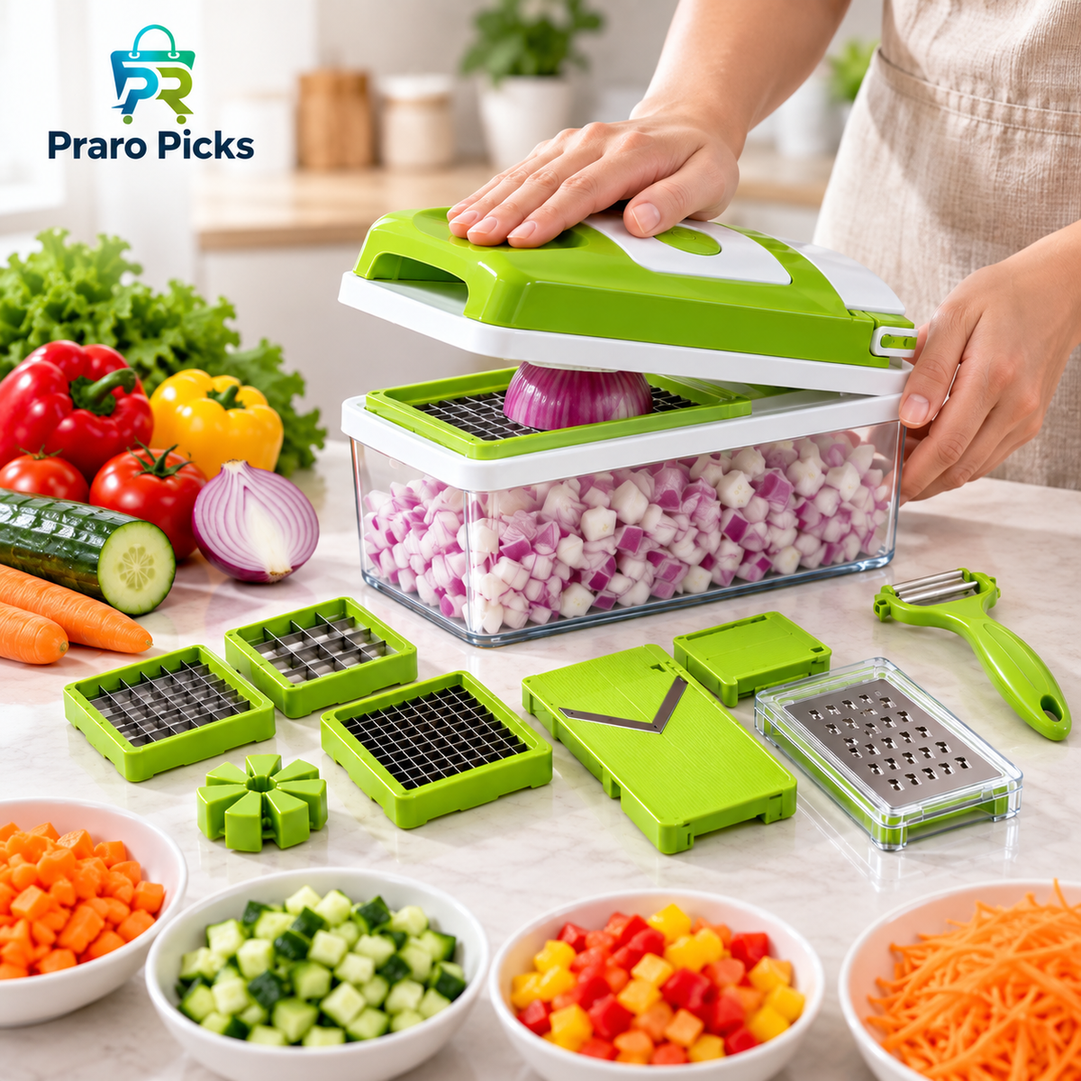 12-in-1 vegetable chopper and slicer in use for dicing onions with interchangeable blades and chopped vegetables
