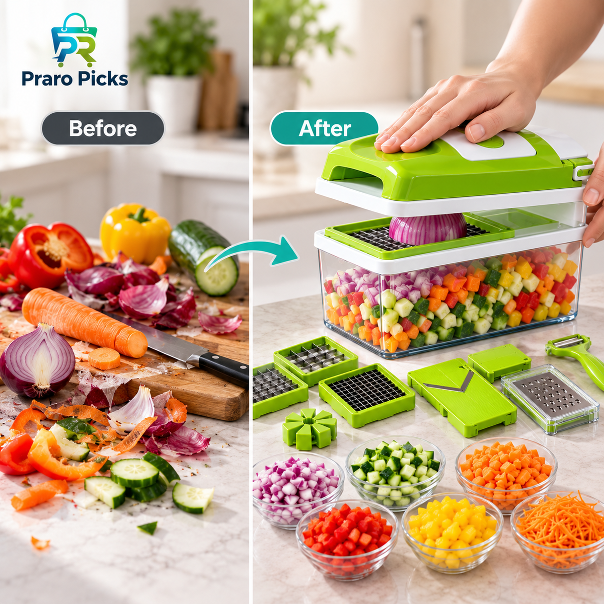 Before and after vegetable preparation using a 12-in-1 chopper and slicer with neatly diced and sliced vegetables