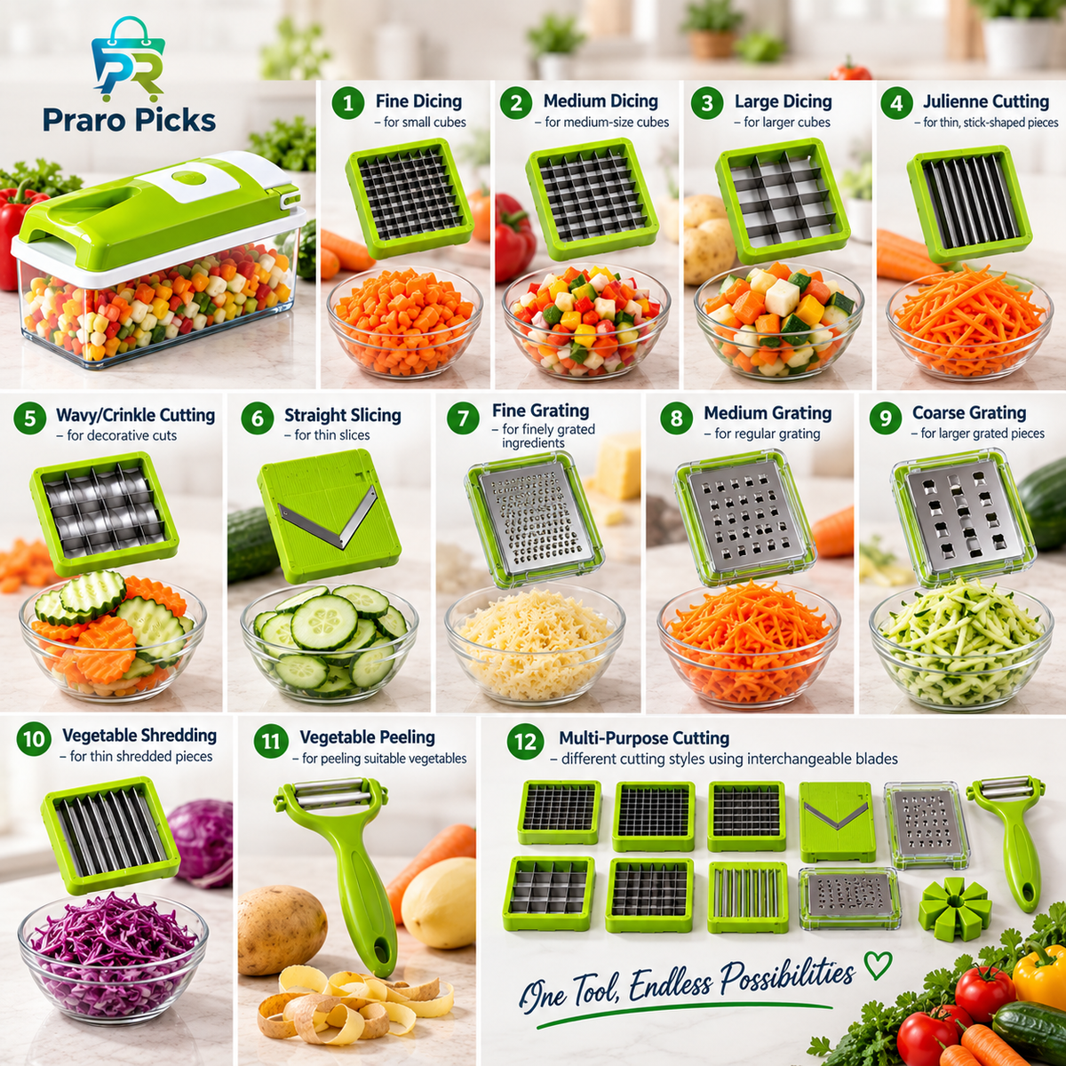 12-in-1 vegetable chopper and slicer showing dicing, slicing, julienne cutting, grating, shredding and peeling functions