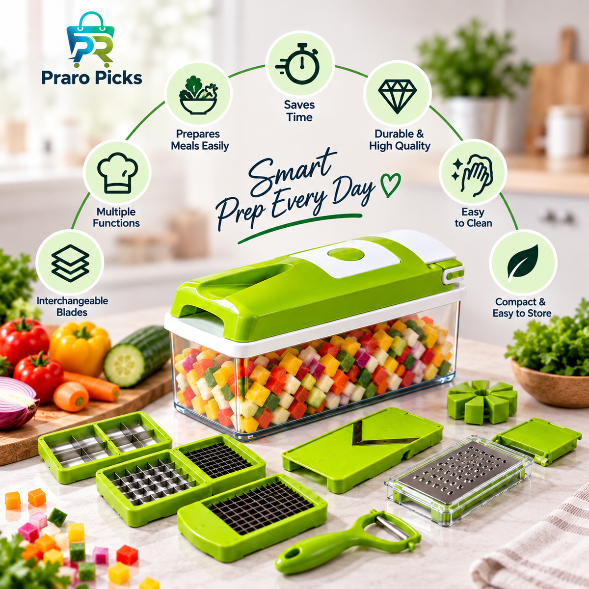 12-in-1 vegetable chopper and slicer with interchangeable blades for quick meal preparation, slicing, dicing and grating