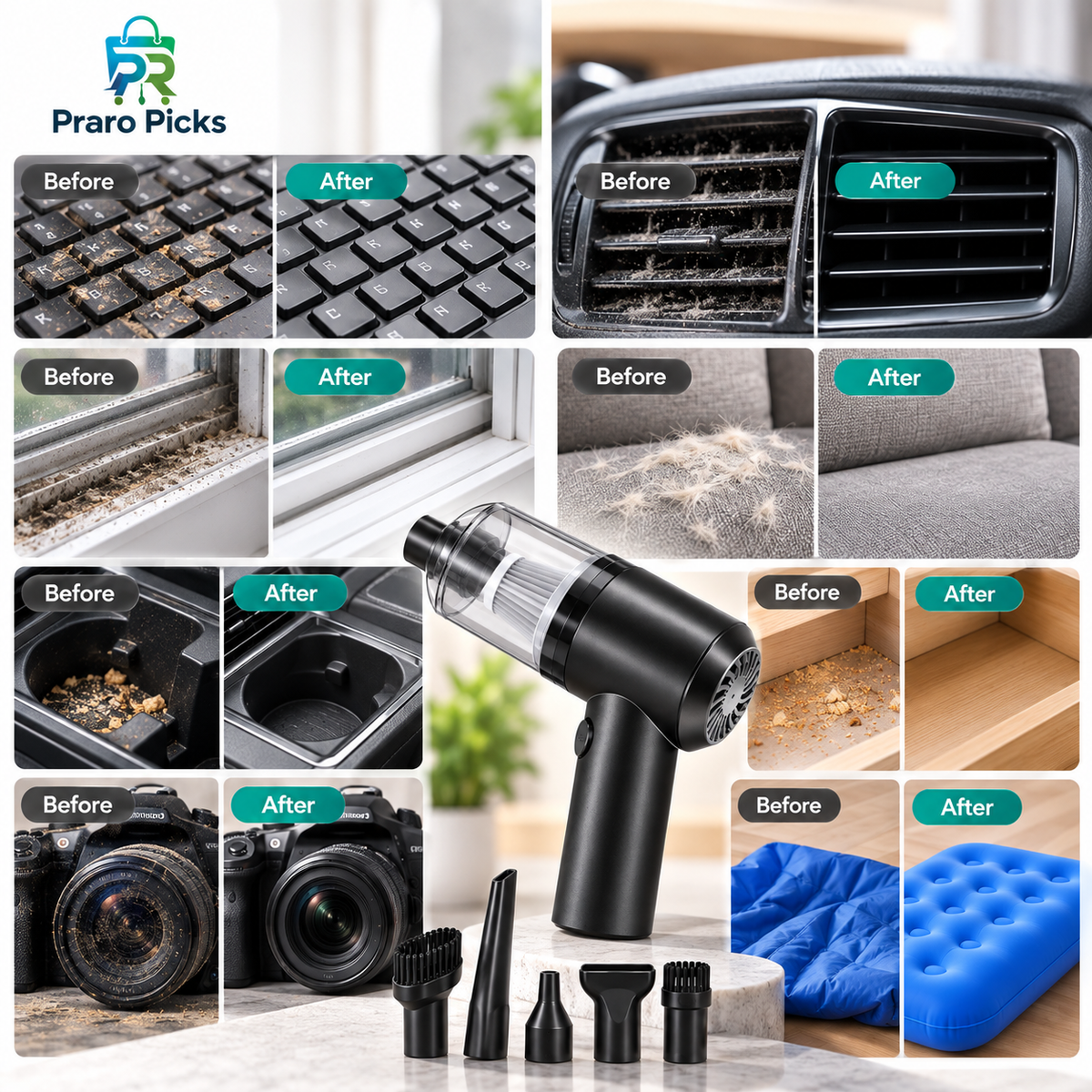 Cordless air duster and cleaner showing before and after results on keyboard, car vents, windows, sofa and home surfaces