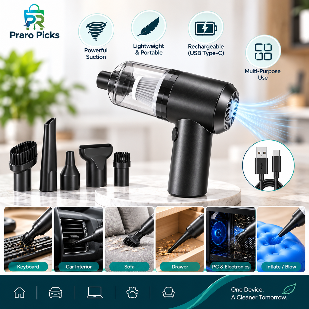 Multifunctional cordless air duster and cleaner with attachments for keyboard, car, sofa and electronics cleaning
