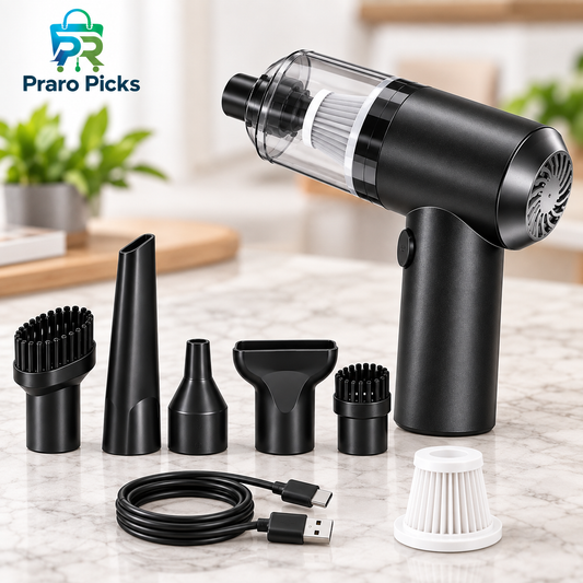 Cordless air duster and cleaner with multiple nozzles, filter and USB charging cable