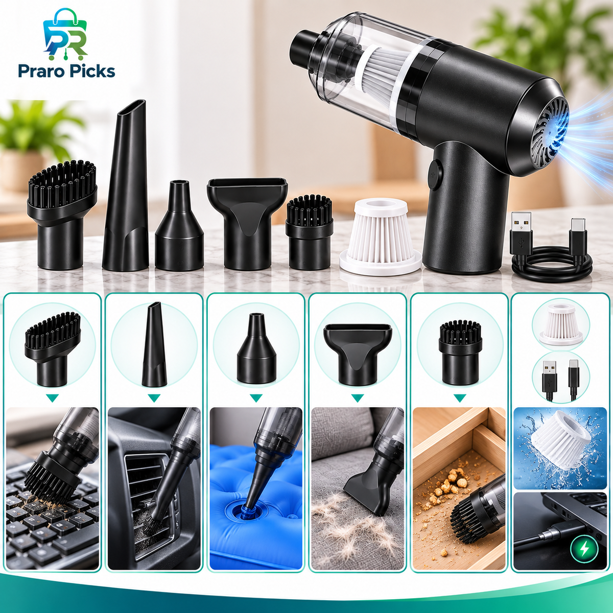 Cordless air duster and cleaner with multiple nozzles for keyboard, car, sofa and home cleaning