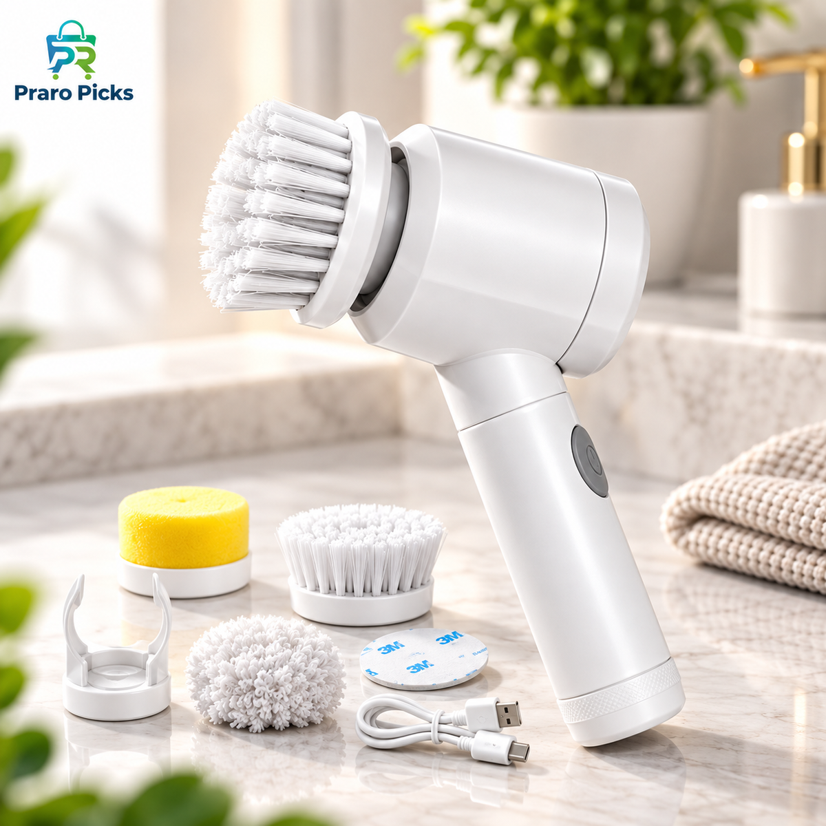 Electric rotary cleaning brush with multiple brush heads and accessories - Praro Picks