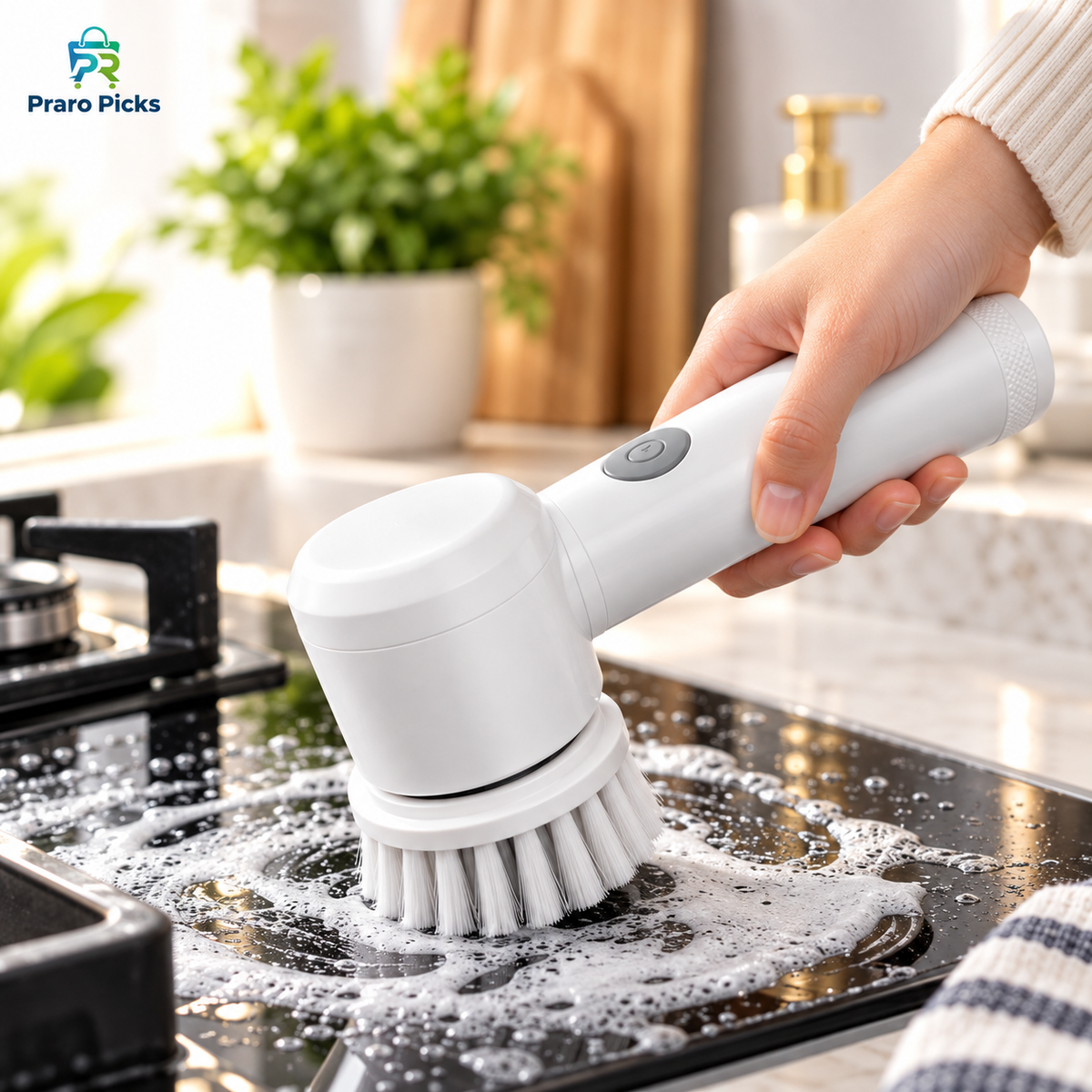 Electric rotary cleaning brush scrubbing kitchen stovetop - Praro Picks