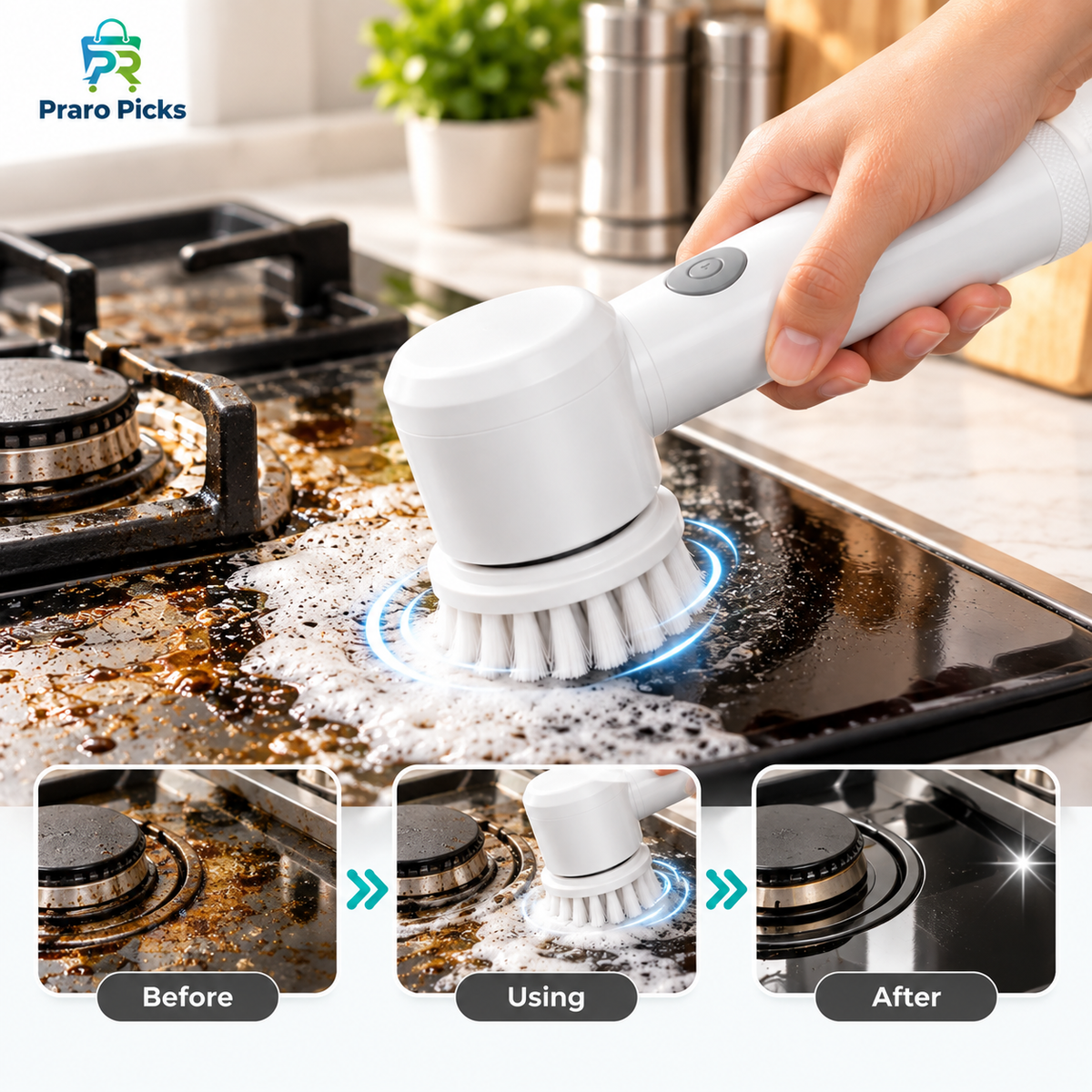 Electric rotary cleaning brush cleaning kitchen stovetop before and after