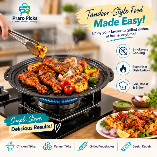 Smokeless indoor tandoor gas grill cooking paneer, vegetables and grilled food at home