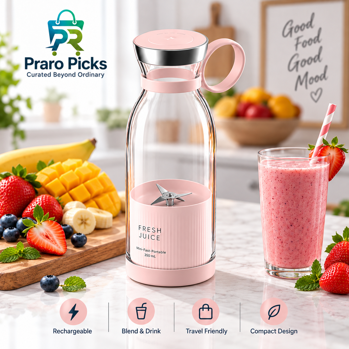 Praro Picks rechargeable portable blender bottle for smoothies, juices and shakes