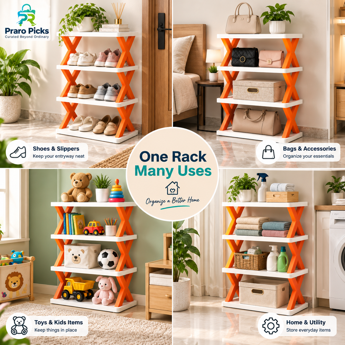 4-tier foldable shoe rack used for shoes, bags, kids toys and home storage