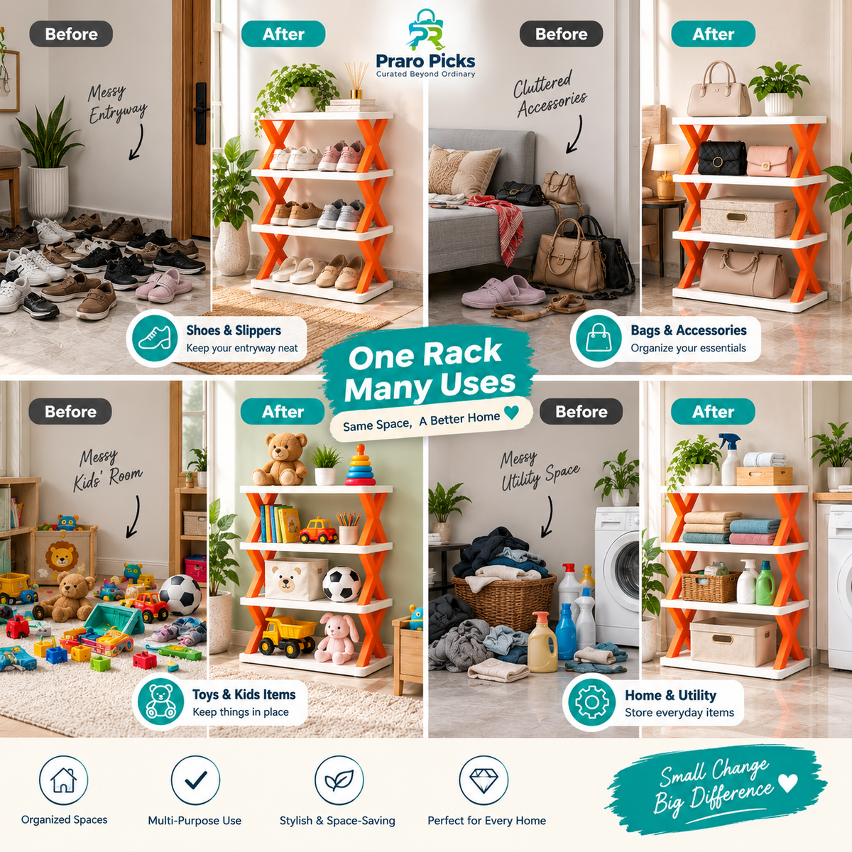 Before and after organization using a 4-tier foldable rack for shoes, bags, kids toys and household items