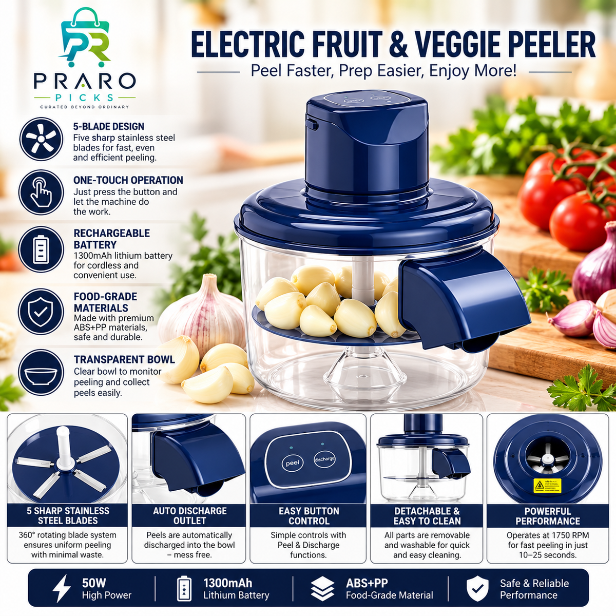 Automatic Electric Fruit & Vegetable Peeler – 5-Blade Rechargeable Kitchen Gadget