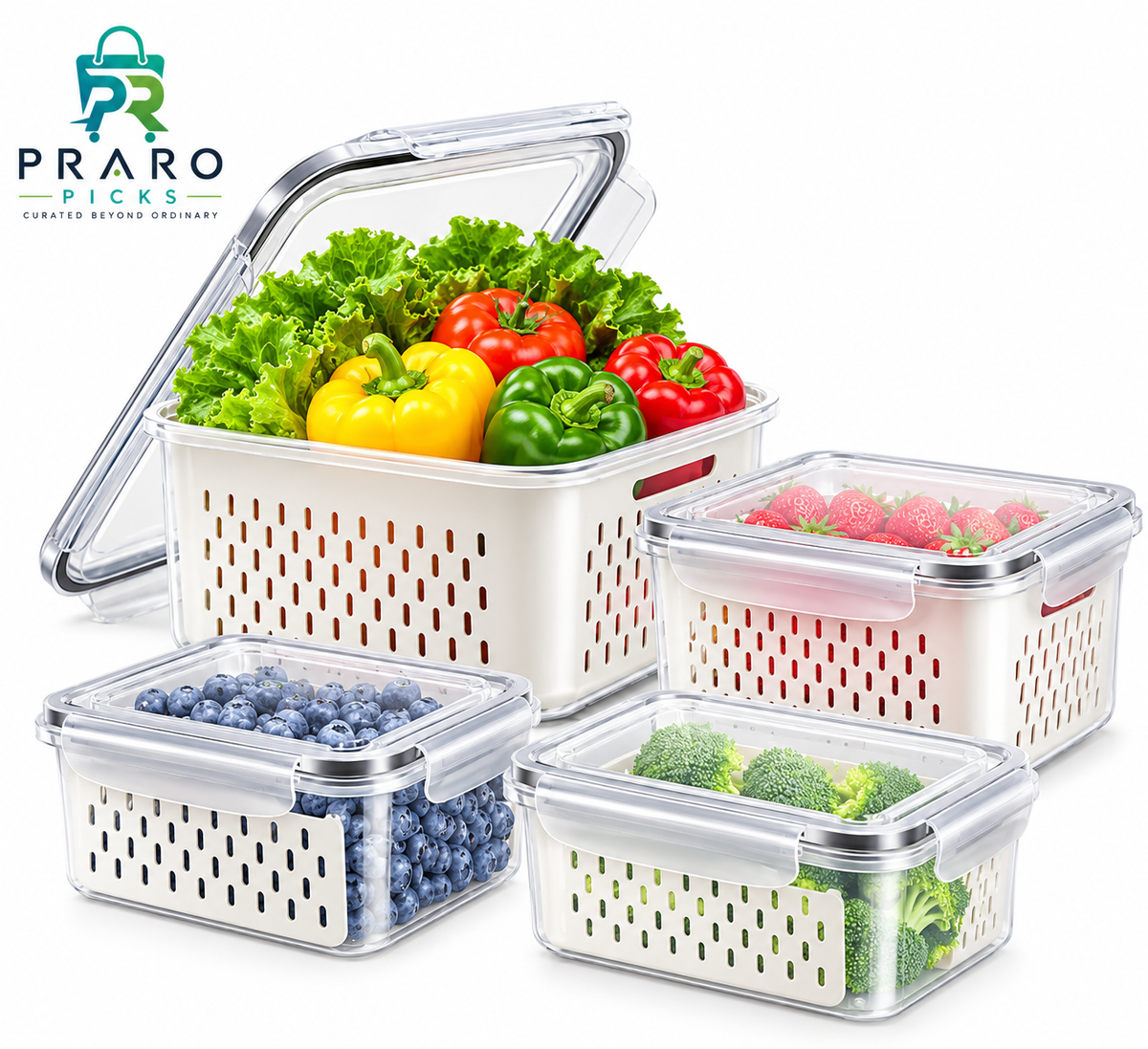 4-Piece Airtight Refrigerator Storage Containers – Fridge Organizers for Fruits & Vegetables