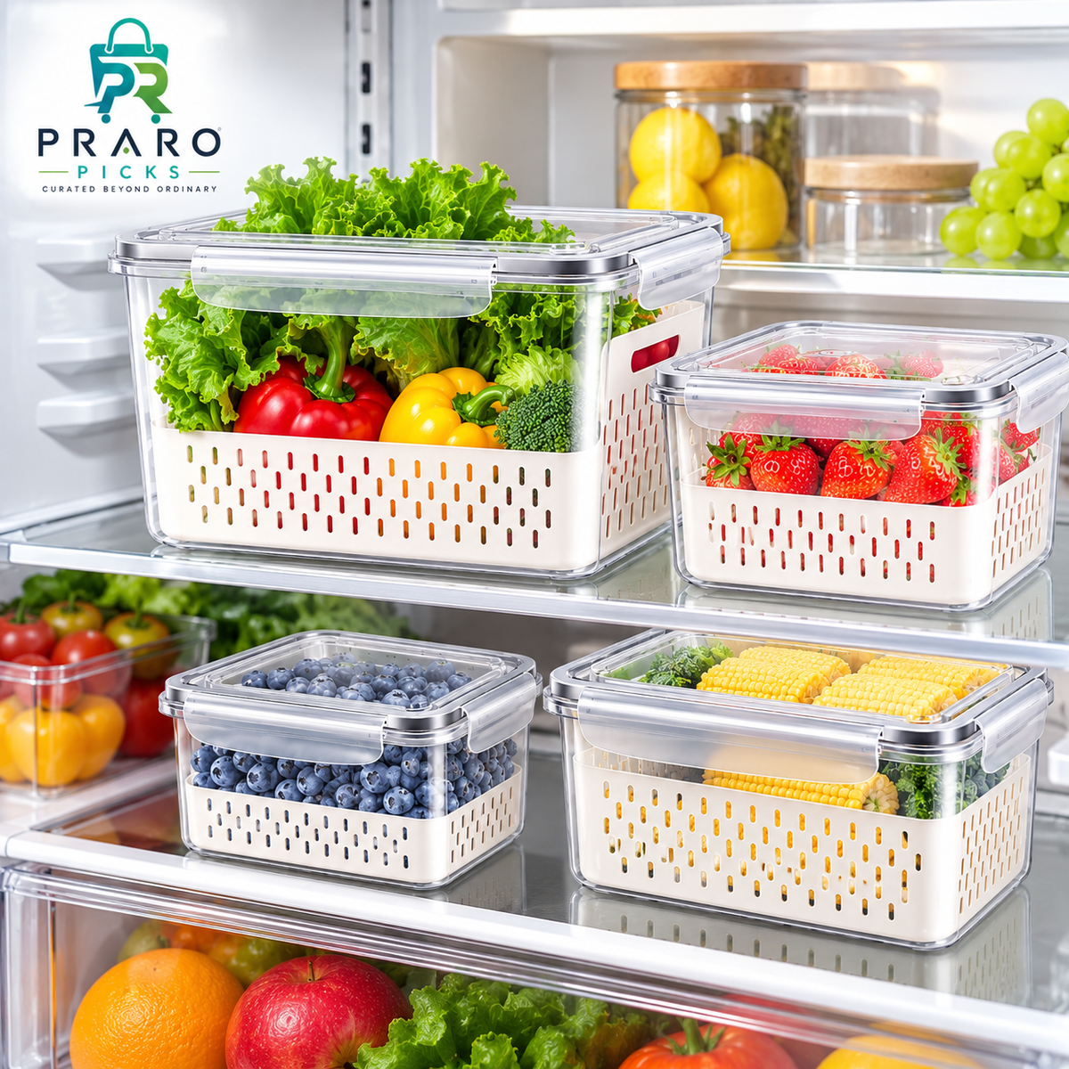 4-Piece Airtight Refrigerator Storage Containers – Fridge Organizers for Fruits & Vegetables