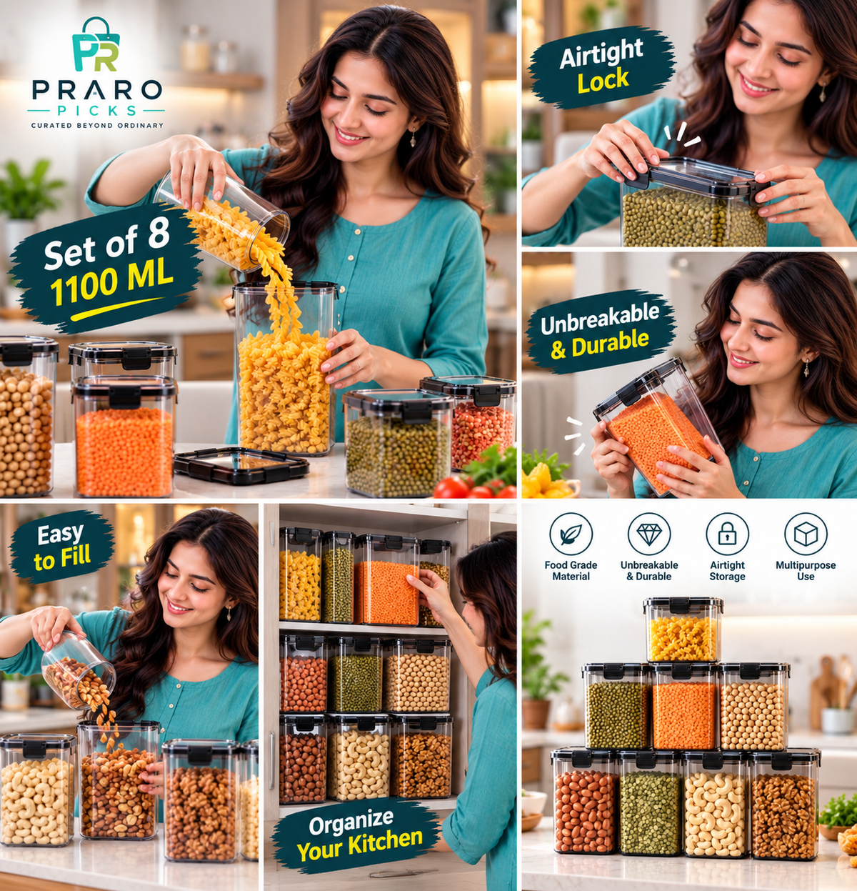 1100 ML Airtight Kitchen Storage Containers – Unbreakable Set of 8