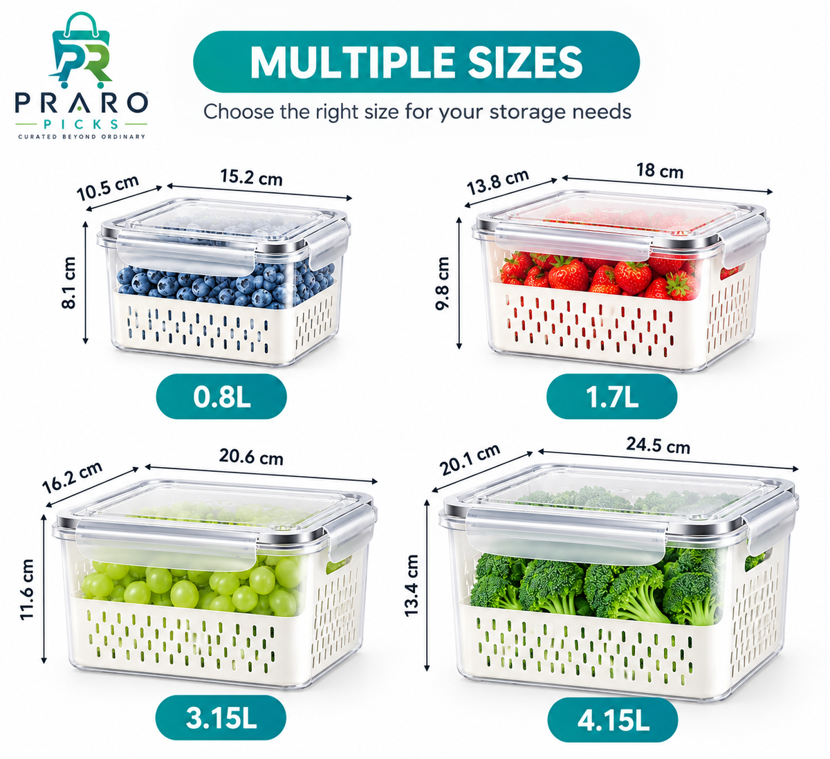 4-Piece Airtight Refrigerator Storage Containers – Fridge Organizers for Fruits & Vegetables