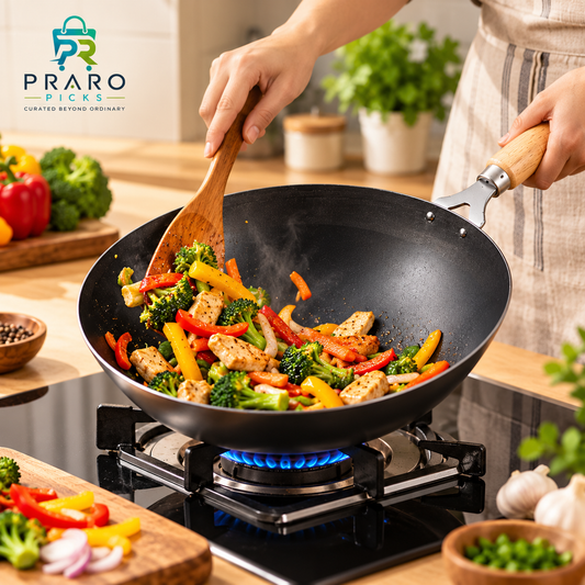 Iron Chinese Wok with Wooden Handle – Black Cooking Kadai