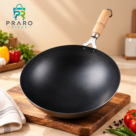 Iron Chinese Wok with Wooden Handle – Black Cooking Kadai